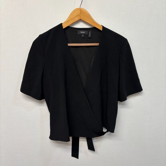 Theory Women Short Sleeve Wrap Top Blouse Shirt Size 6 Black D019 -12 - Picture 1 of 12